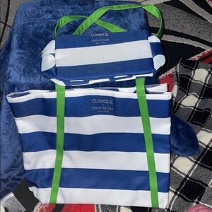 Kate Spade Clinique Blue and White Striped Tote Bag / essential case 15”W x 12”H